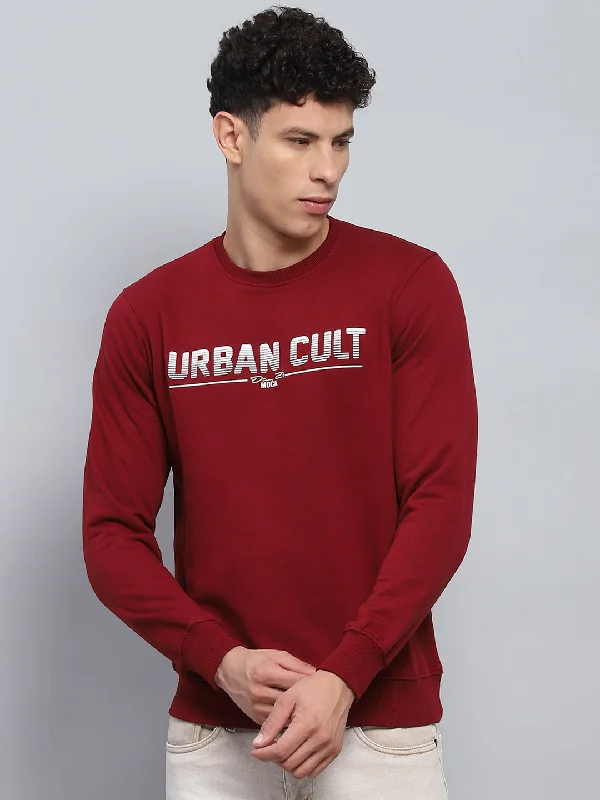 Urban Shirts Men Maroon Printed Round Neck Full Sleeve Sweatshirt