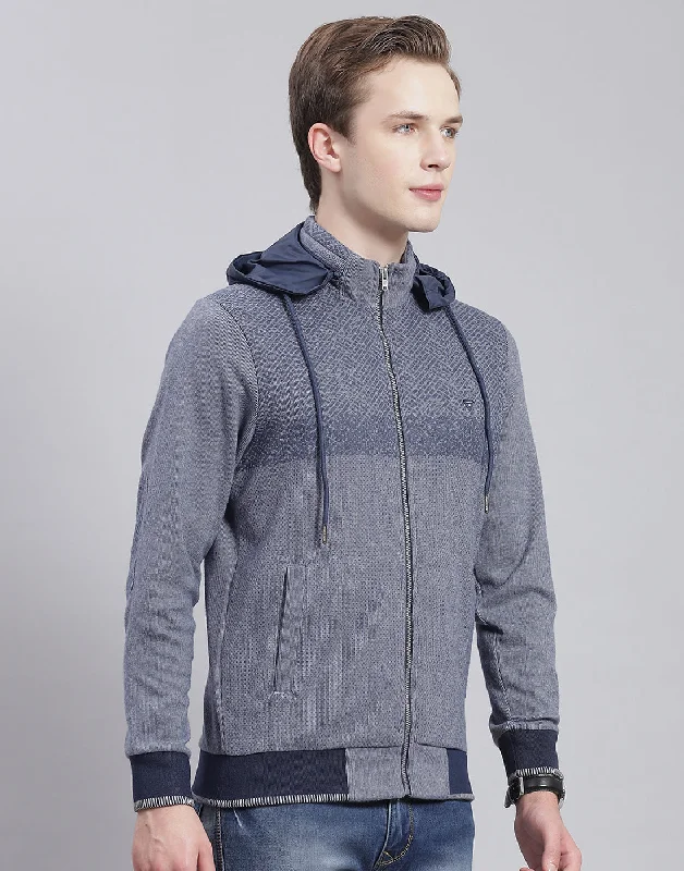 Boho Menswear Men Navy Blue Solid Hooded Full Sleeve Sweatshirt