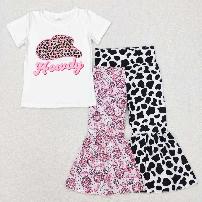 Graphic Tees P0369 Alpine cow head cactus lamp ball cow pattern patchwork trousers+GT0138 Girls howdy leopard print hat white short sleeve top