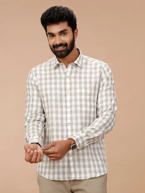 Street Casual Men Pure Linen Checked Shirt Green - LS74