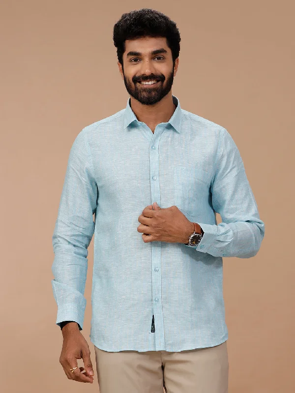 Layered Outfits Men Pure Linen Striped Shirt Blue - LS90