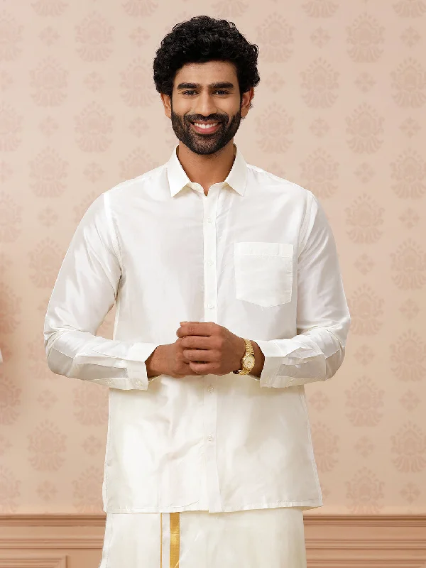 Street Shorts Men Pure Silk Cream Shirt Full Sleeves Silk Mark