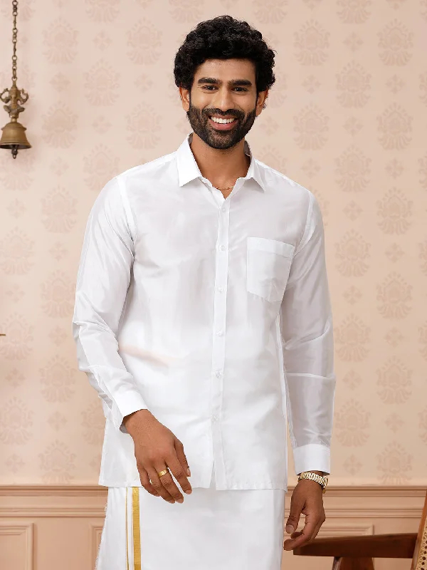 Button-down Shirts Men Pure Silk White Shirt Full Sleeves Silk Mark