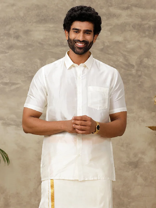 Fashion Vests Men Silk Feel Cream Half Sleeves Shirt