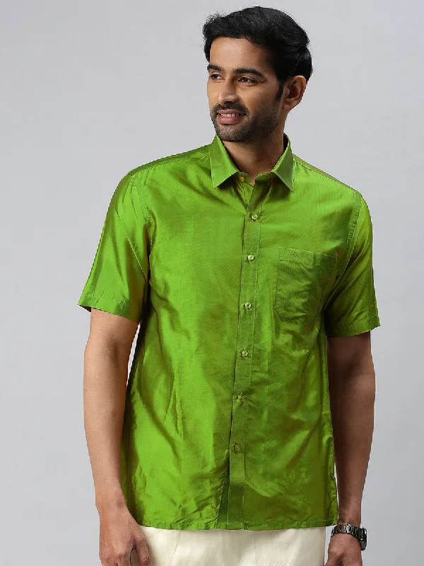 Warm Cardigans Men Silk Feel Parrot Green Half Sleeves Shirt SFC09