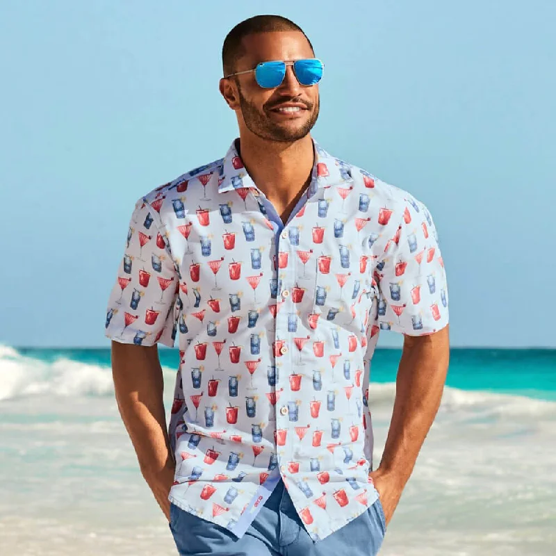 Business Attire Tommy Bahama Coconut Point Red White Cheers Camp Shirt - Chambray Blue